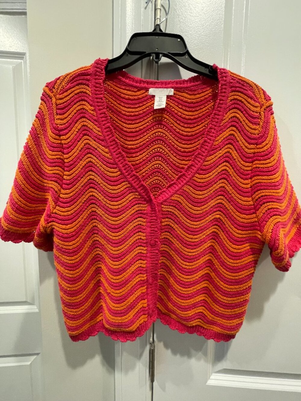 H & M Pink Orange Short Sleeve Scalloped-Trim Cardigan Sweater - SZ M